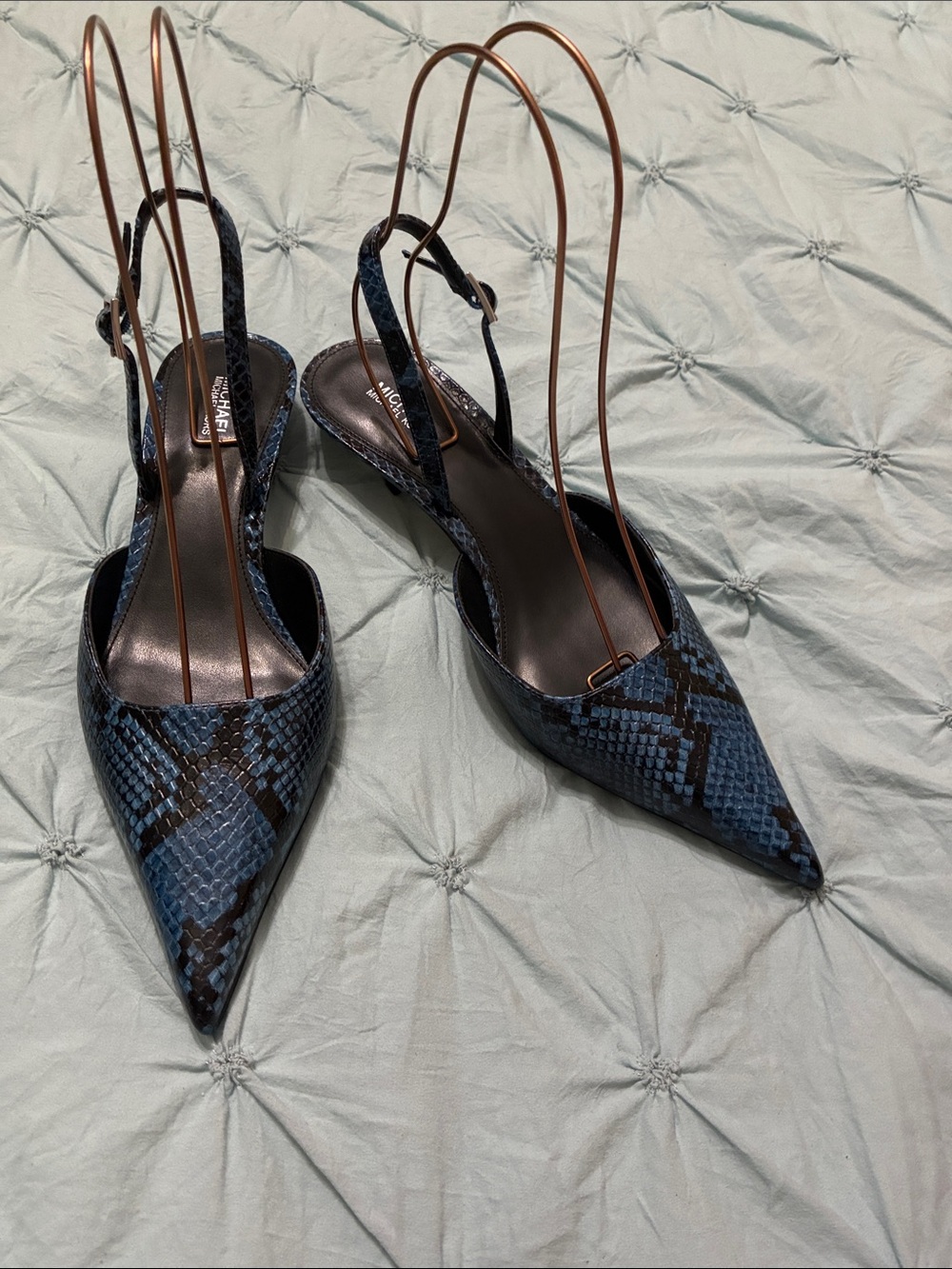 Michael Kors Blue and Black Snake-Print Pointed Slingback Heels